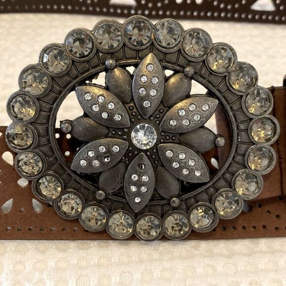 New Faux Leather Perforated Rhinestone Buckle Belt - Picture 2 of 5